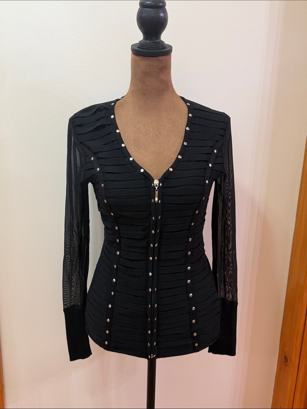 Boston Proper Stud Embellished Zip Front Ribbed Top with Transparent Sleeve NWOT